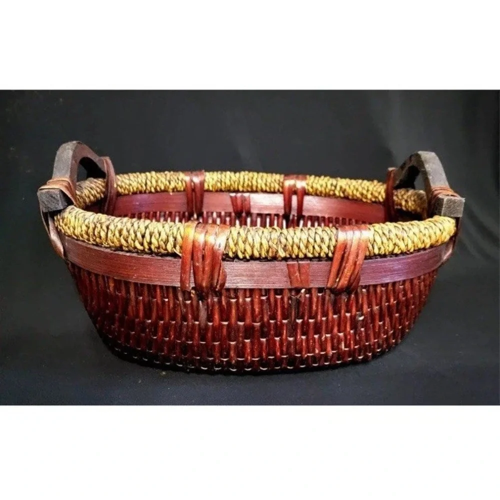 Vintage Chinese Woven Willow Basket With Wood Handles 12